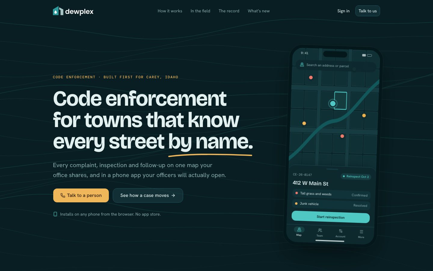Dewplex home page showing a case on a phone map.