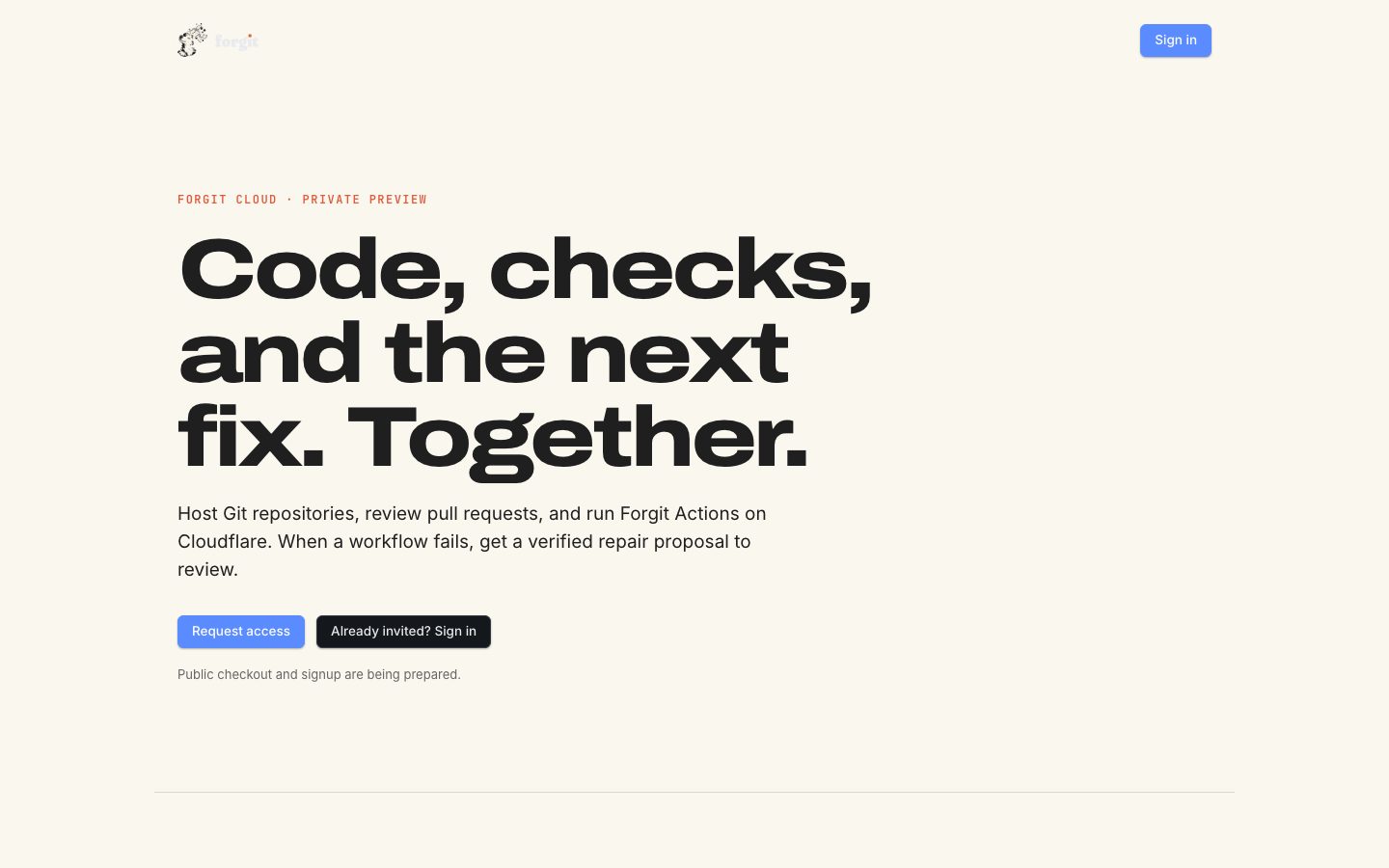 forgit cloud home page: Code, checks, and the next fix. Together.