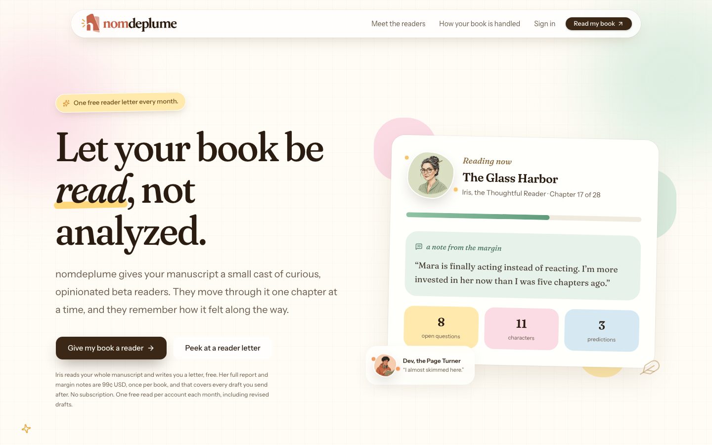 nomdeplume home page: Let your book be read, not analyzed.