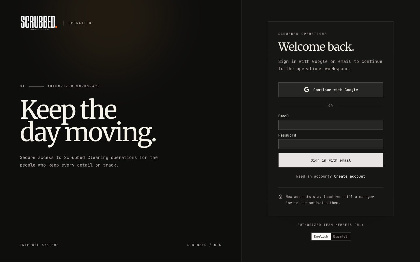 Scrubbed Operations sign-in screen: Keep the day moving.